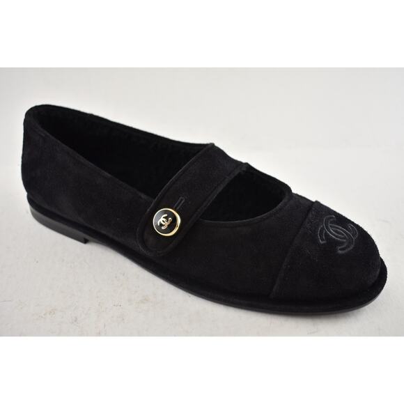 Chanel 25B Black Suede Shearling Fur Mary Jane Moccasin Ballet Loafer Flat 36.5 - Picture 10 of 16